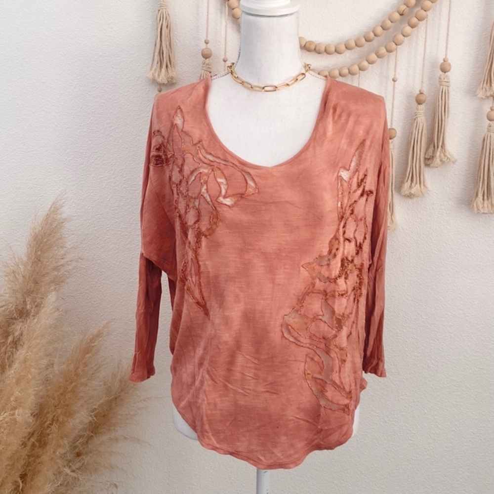 Free people 3/4 sleeve top boho peach pink tie back knit lace shirt sheer small